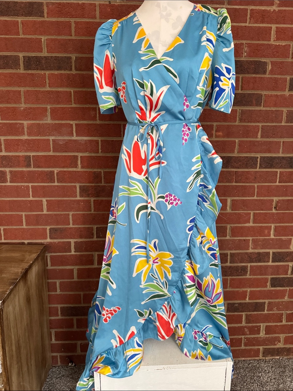 Sugarlips Serene Floral Abelia Puff Sleeve Hi-Low Maxi Wrap Dress